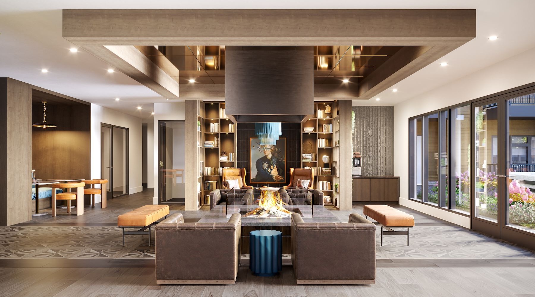 lounge with seating fire place and bookshelves